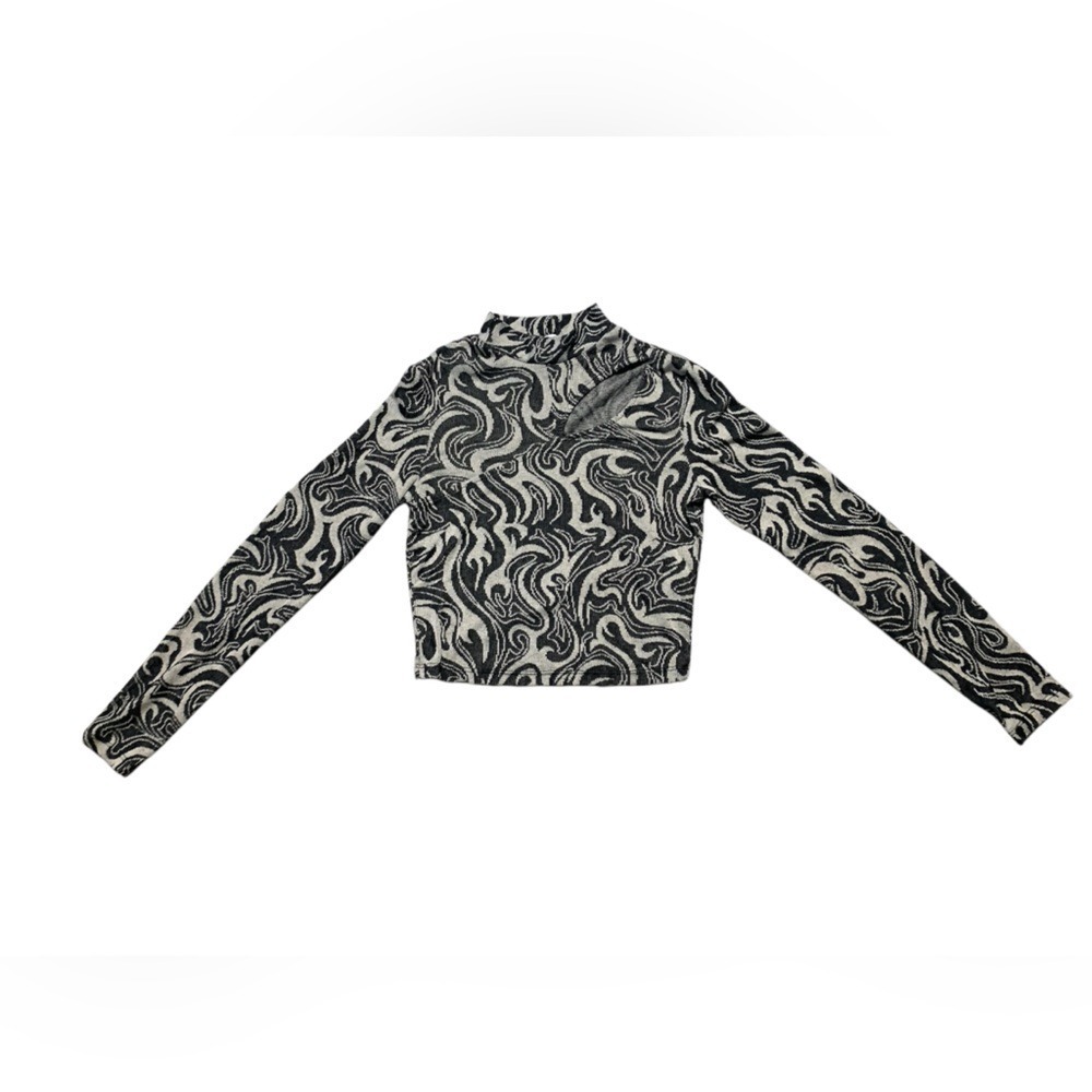 Bershka Black White Swirl Cutout Mock Neck Long Sleeve Crop Top Medium